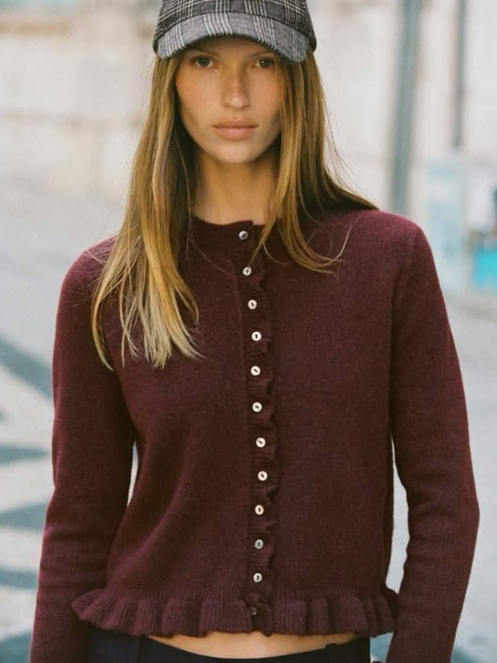 New with tags Zara Women's Burgundy Ruffled Wool Knit Cardigan - Picture 8 of 11